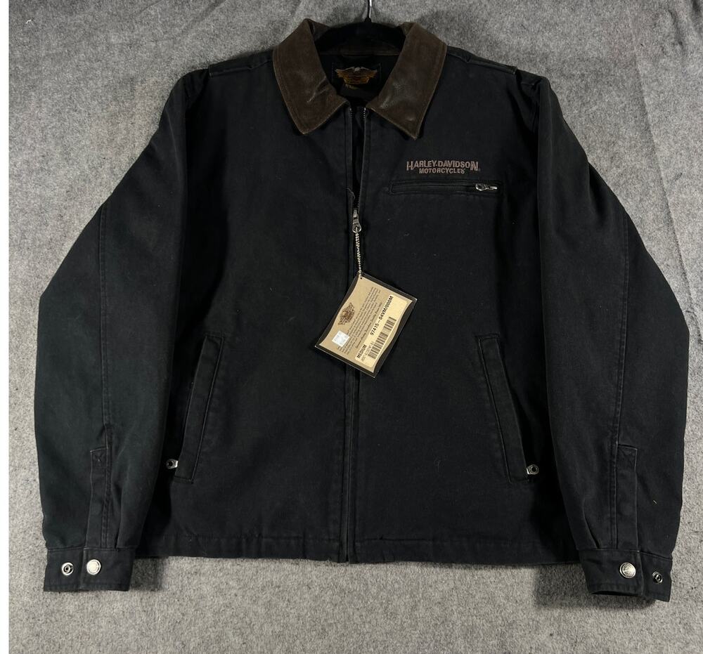 VTG Harley Davidson Jacket Mens Medium Black Quickstart Canvas Full Zip Moto NWT